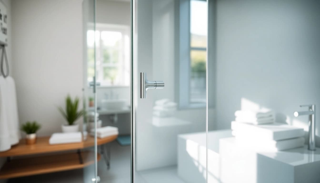 Stylish shower doors sliding in a modern bathroom feature clear glass and chrome.