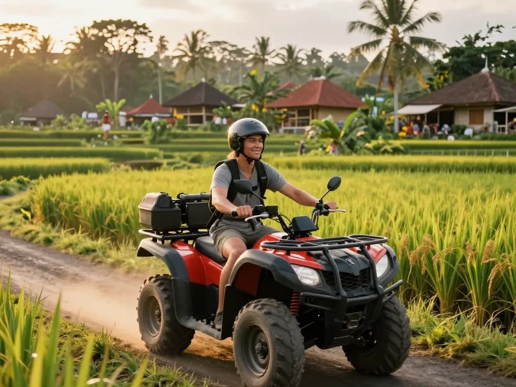 Adventure seeker enjoying best Bali tour packages on an ATV through lush landscapes.