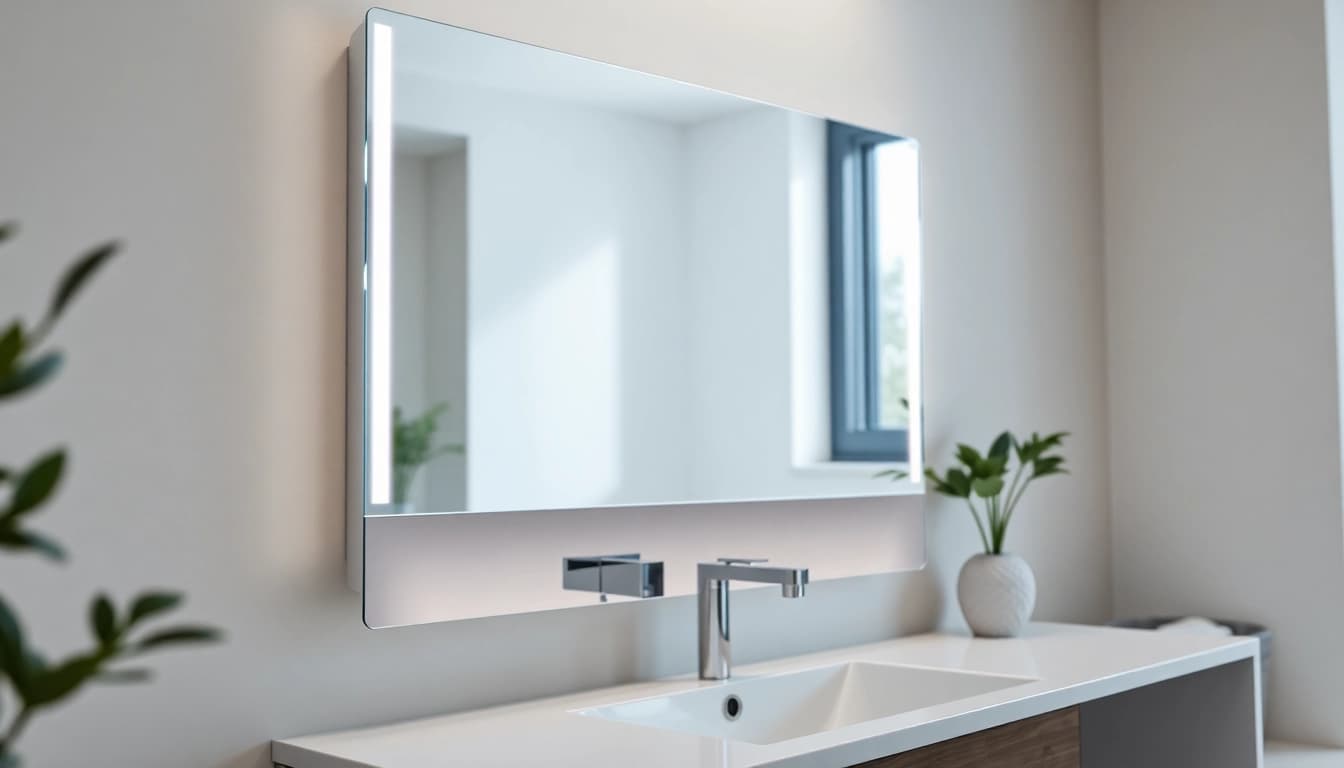 Admire the elegant led mirror reflecting serene bathroom light, showcasing modern design.