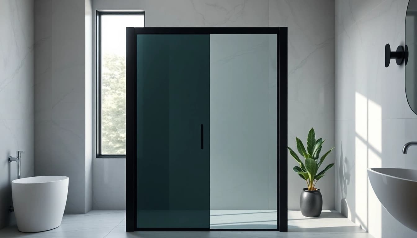 Stylish black shower door enhancing a modern bathroom with sleek design elements.