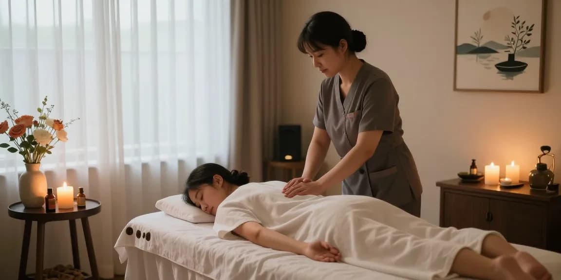 An experienced therapist conducting a soothing 안산출장안마 session in a tranquil spa environment, emphasizing relaxation and comfort.