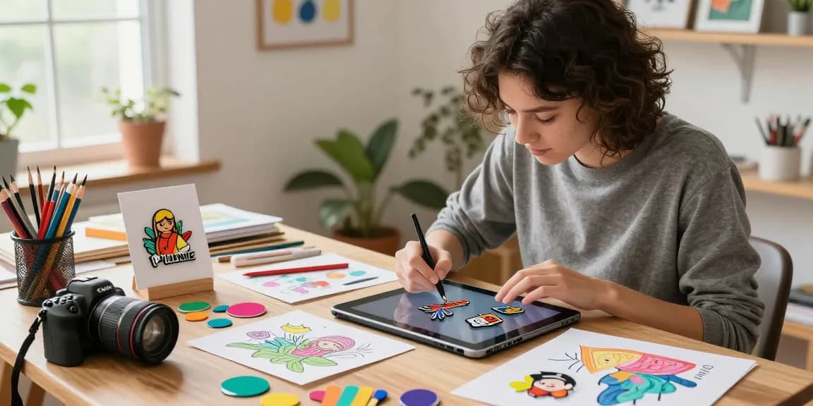 Custom acrylic pins design process with artist in colorful home studio.