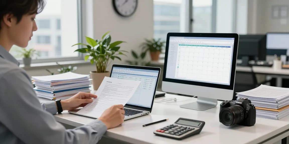 Contabilitate SRL - expert contabil lucrând la birou modern, documente financiare și laptop în fundal.
