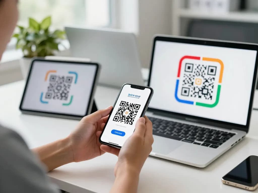 Person using a qr scanner on smartphone in a modern office surrounded by devices.