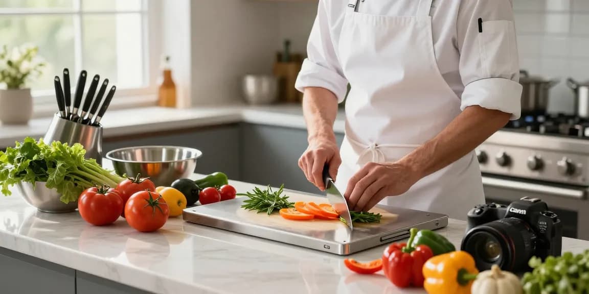 Chef using the best titanium cutting board for slicing vibrant vegetables in a modern kitchen.