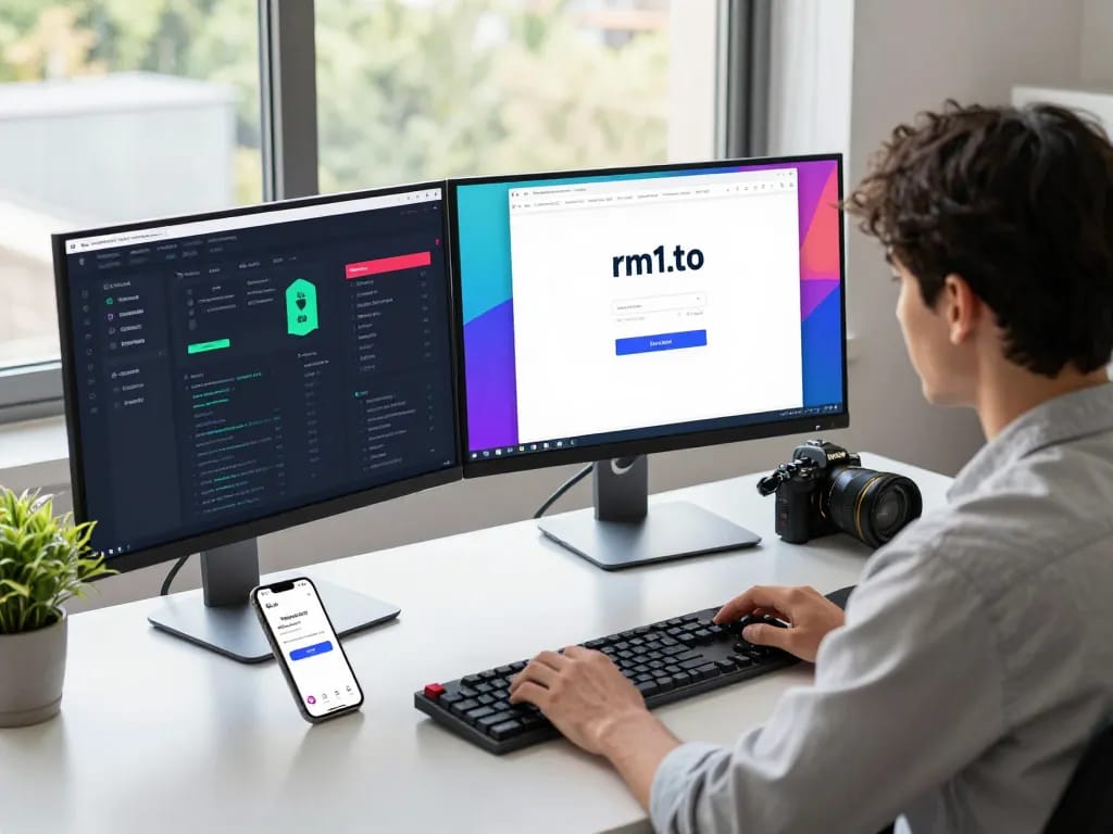 User accessing rm1.to login page on dual monitors in a modern tech workspace