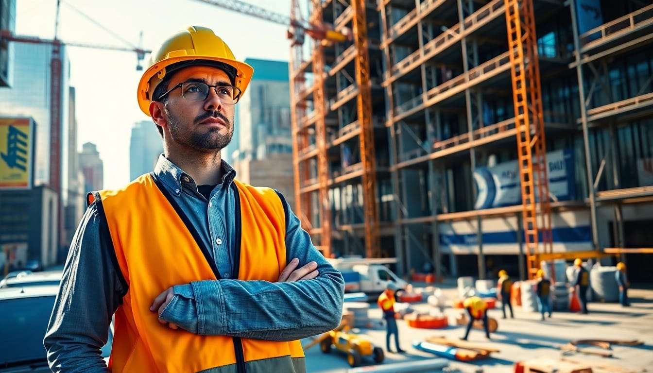 New York City Construction Manager confidently directing a bustling urban construction site.