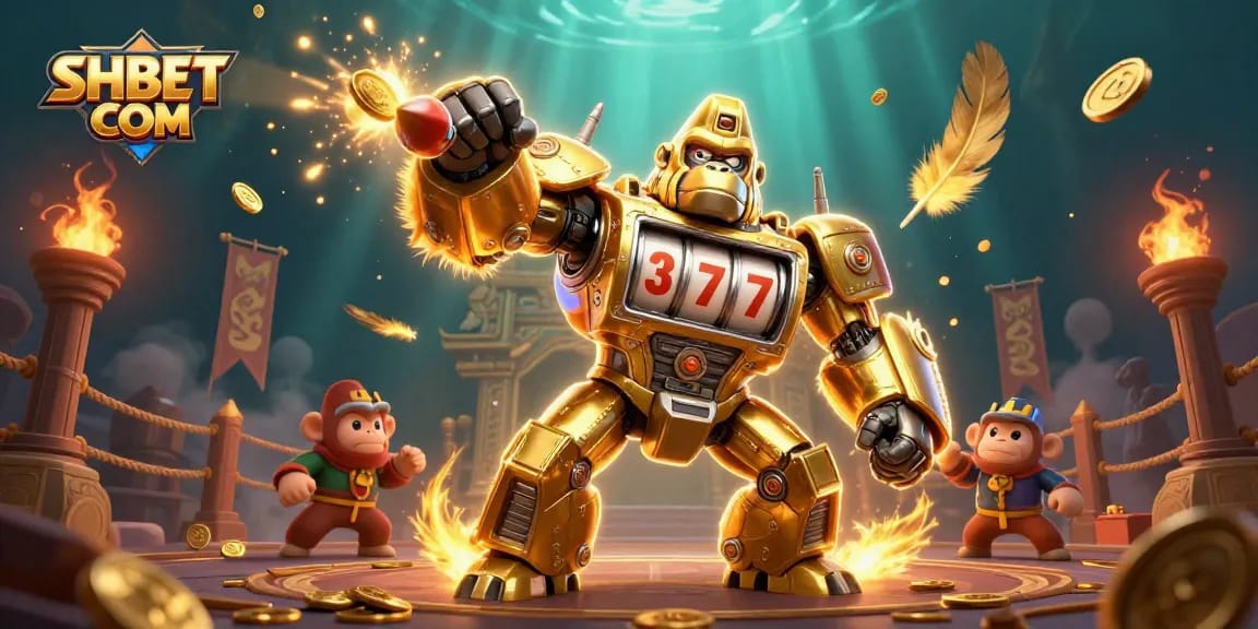 Engage in the excitement of SHBET COM with a dynamic illustration of a golden gorilla mech in a vibrant casino setting.