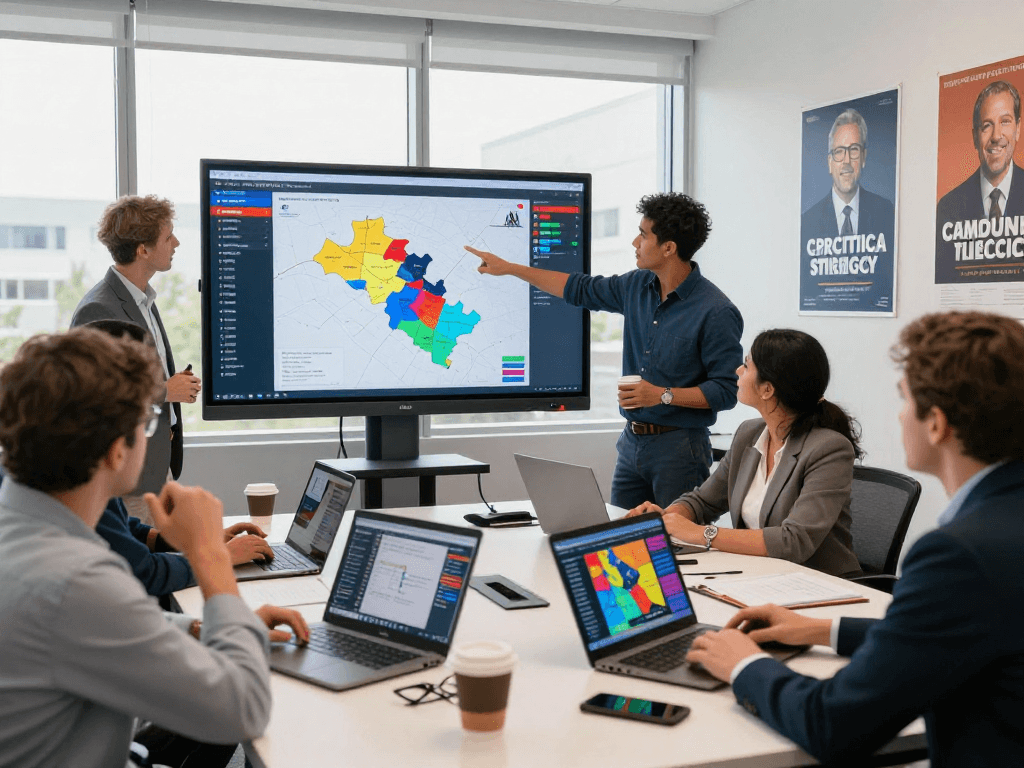 Political strategists collaborating in a modern office, highlighting super PAC advertising agency tactics for successful campaigns.