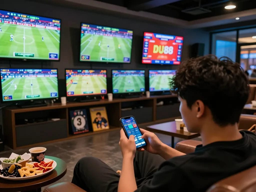 Engage in live sports betting on DU88 using a smartphone app surrounded by vibrant sports decor.
