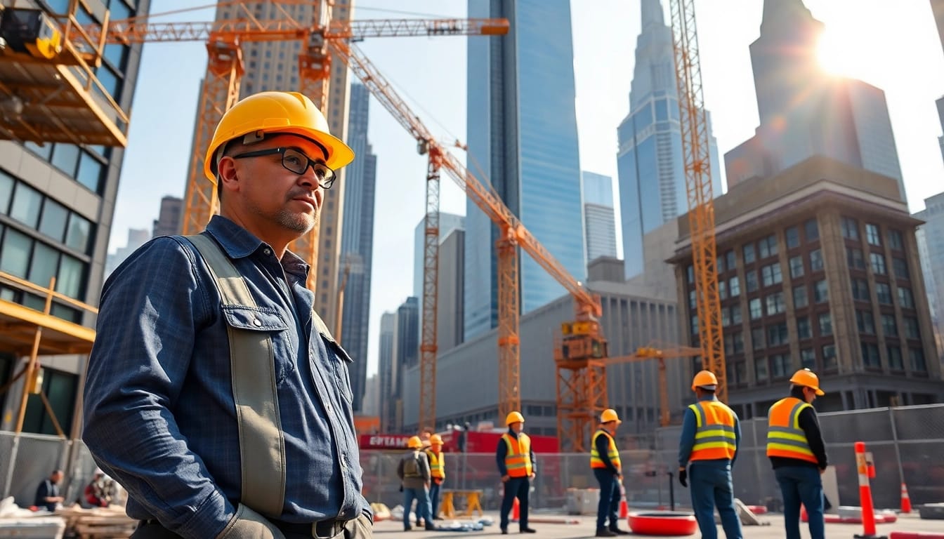 New York City General Contractor overseeing skilled workers at a bustling construction site.