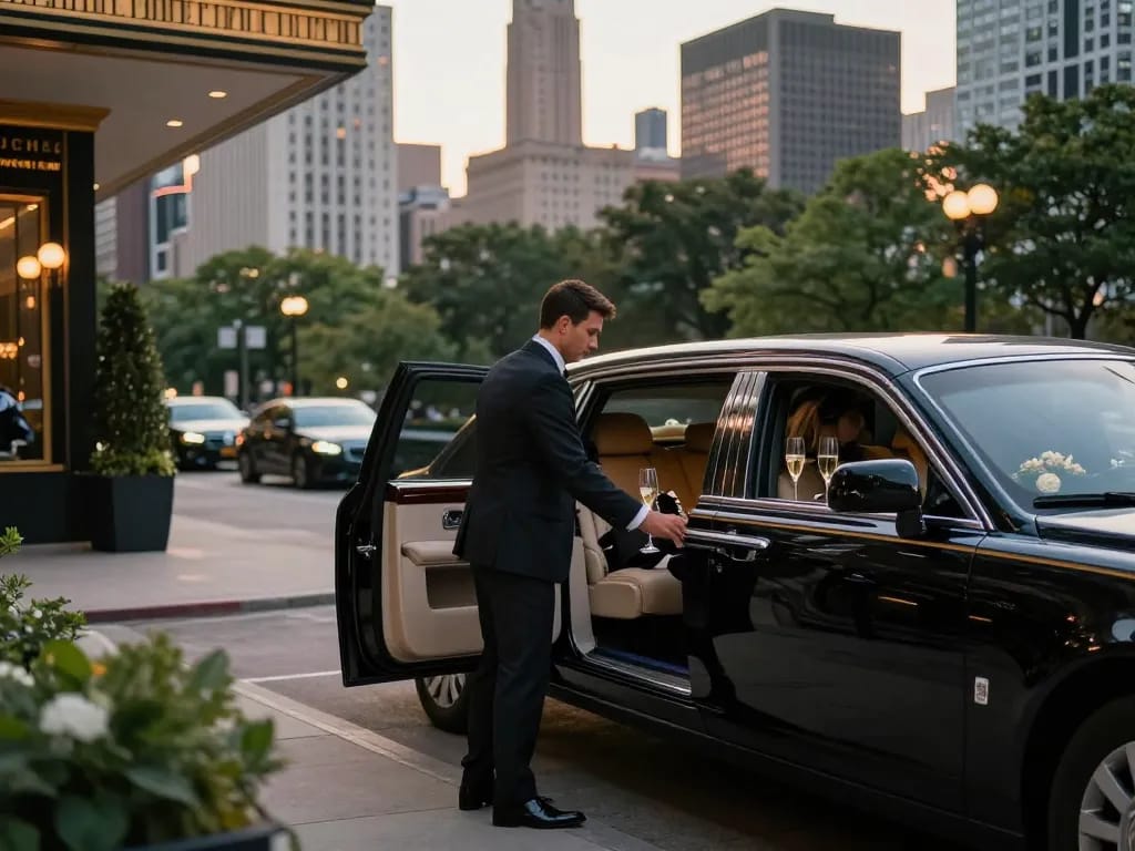 Chauffeur service luxury limo in Chicago & Metro Area with elegant interior and city skyline.