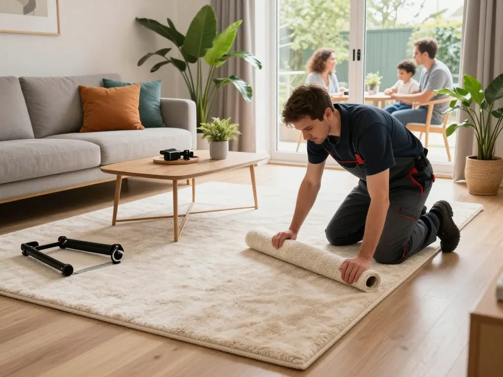 Professional carpet fitting services West London in a cozy home interior, showcasing a skilled tradesperson installing plush carpet.