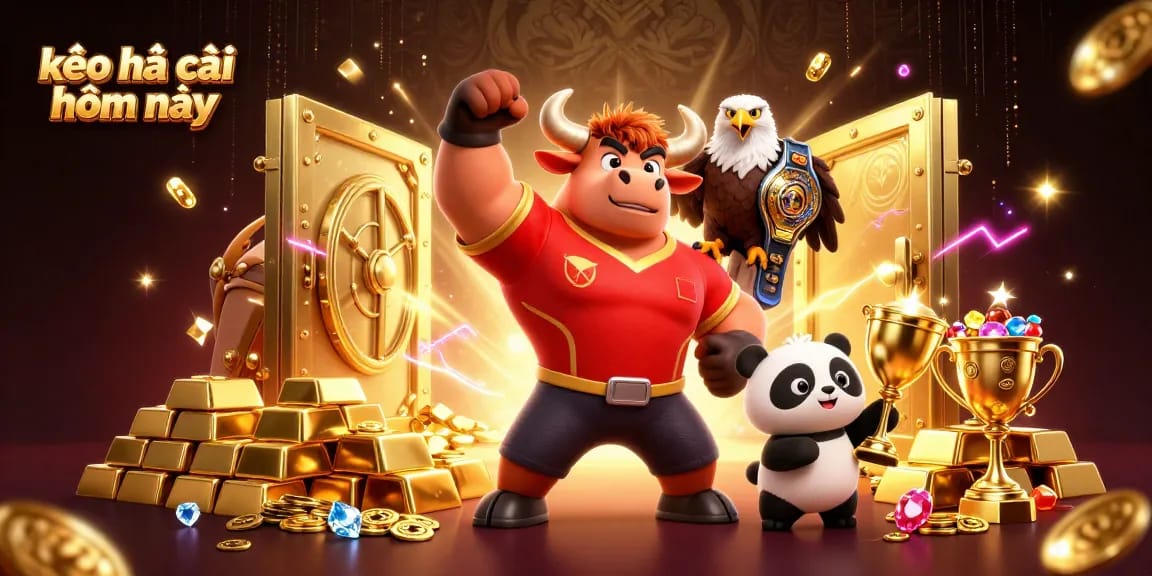 Kèo nhà cái hôm nay showcases a dynamic sports betting scene with mascot characters and shiny treasures.