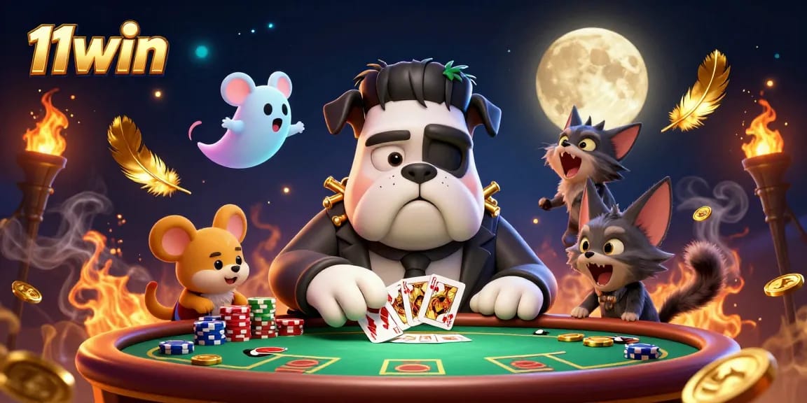 Engage at 11win with lively poker action featuring a Frankenstein bulldog and ghostly elements.
