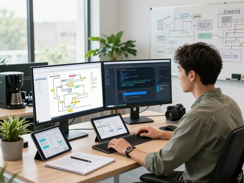 Automation architect using make.com for workflow optimization in a modern office.