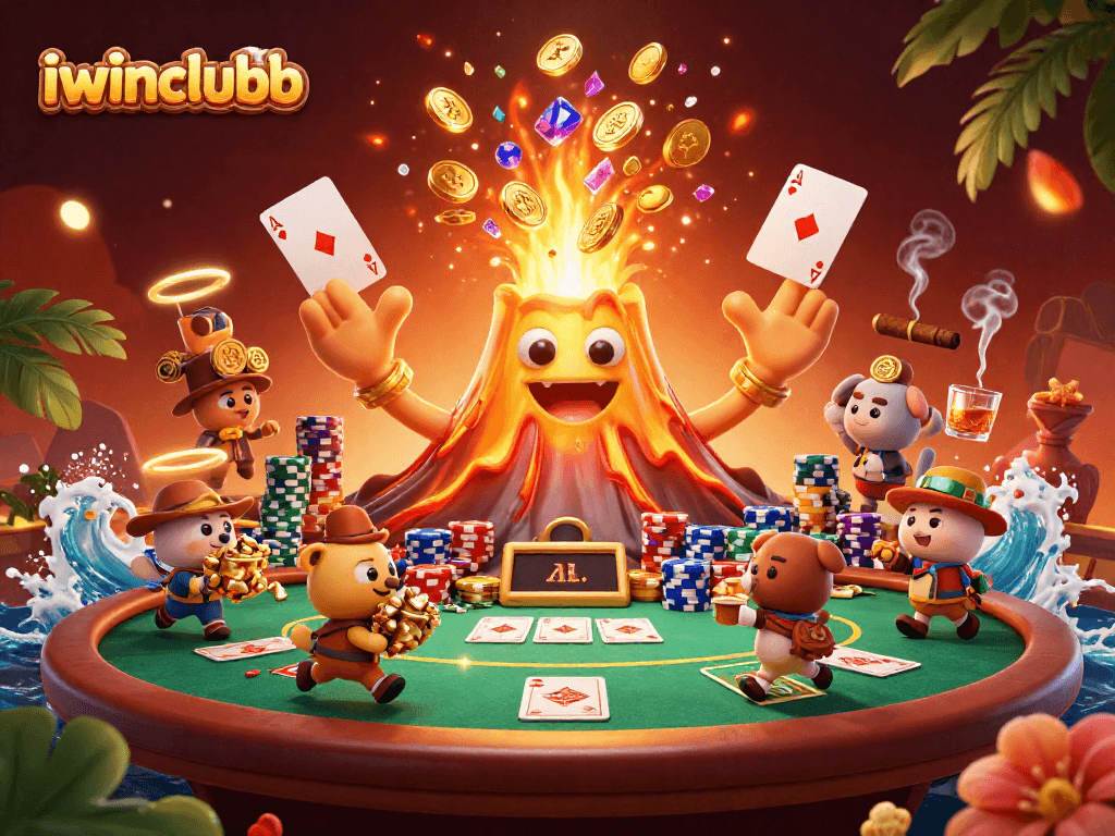 Experience unbeatable excitement at iwinclubb with a cartoon volcano and poker elements.