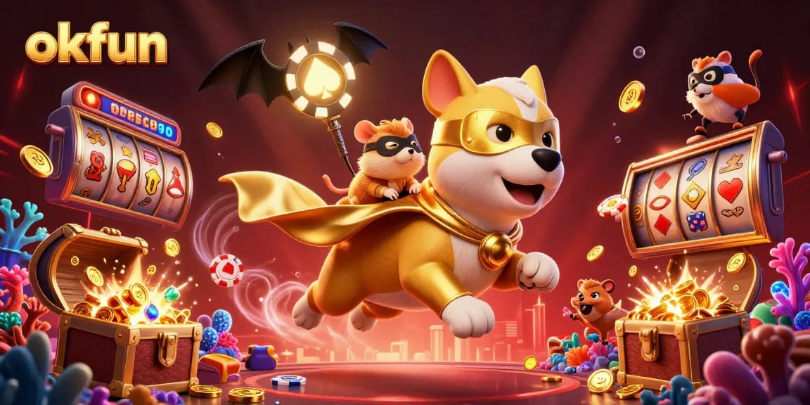 Spin the reels and win big at okfun with this vibrant 3D casino illustration featuring playful characters.