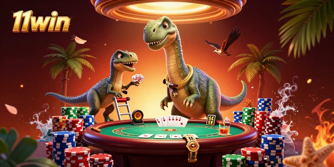 Experience thrilling poker action with 11win, featuring a giant dinosaur dealer and vibrant game elements.