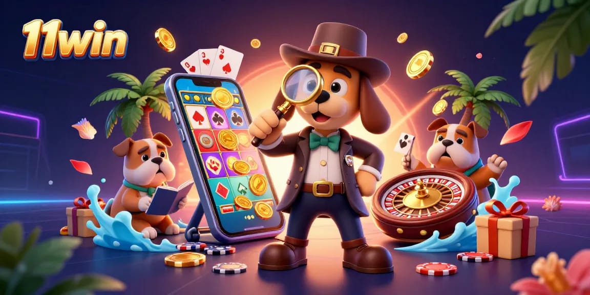 11win showcases a lively scene with a detective dog and companion exploring gaming treasures.
