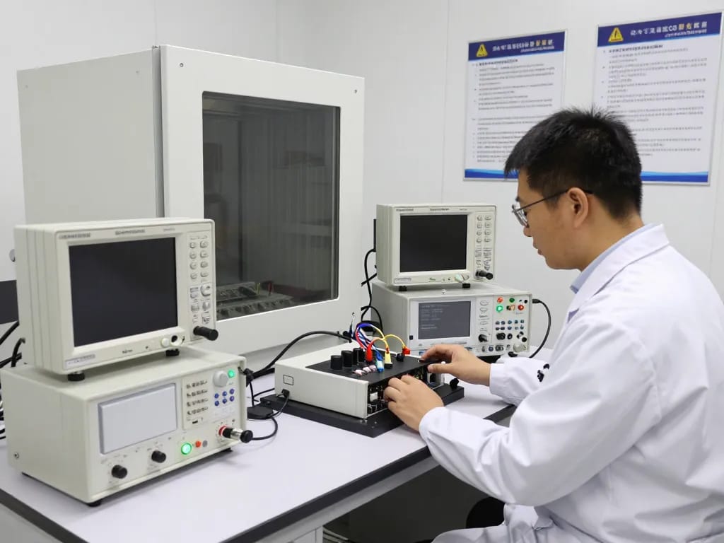 Technician performing EMC testing in a high-tech laboratory with advanced equipment.