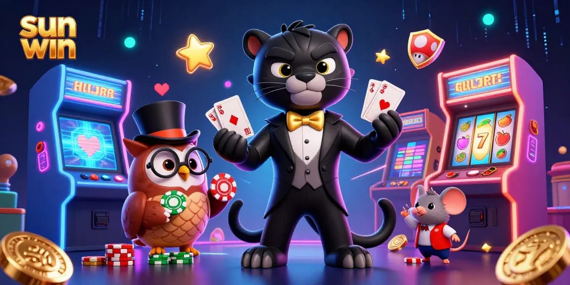 Engage in sun win slots with a stylish panther dealer, owl, and lucky mouse in a vibrant casino.