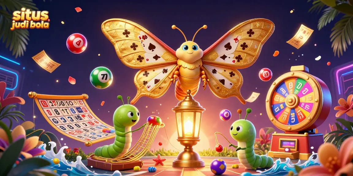 Engage in thrilling situs judi bola action surrounded by vibrant game elements and a colorful moth.