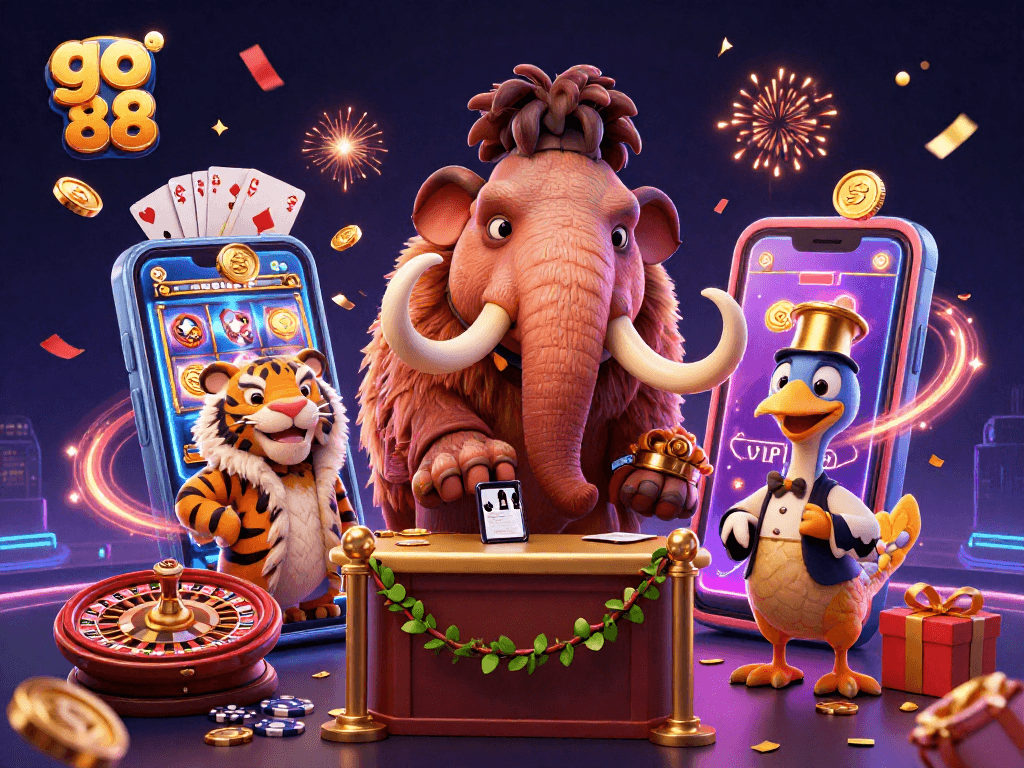 Experience excitement at go 88 with a casino bouncer and vibrant slot game visuals.