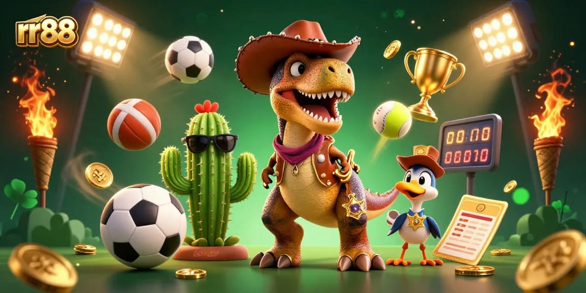 Experience the thrill of rr88 as a cowboy T-Rex leads sports betting adventures.