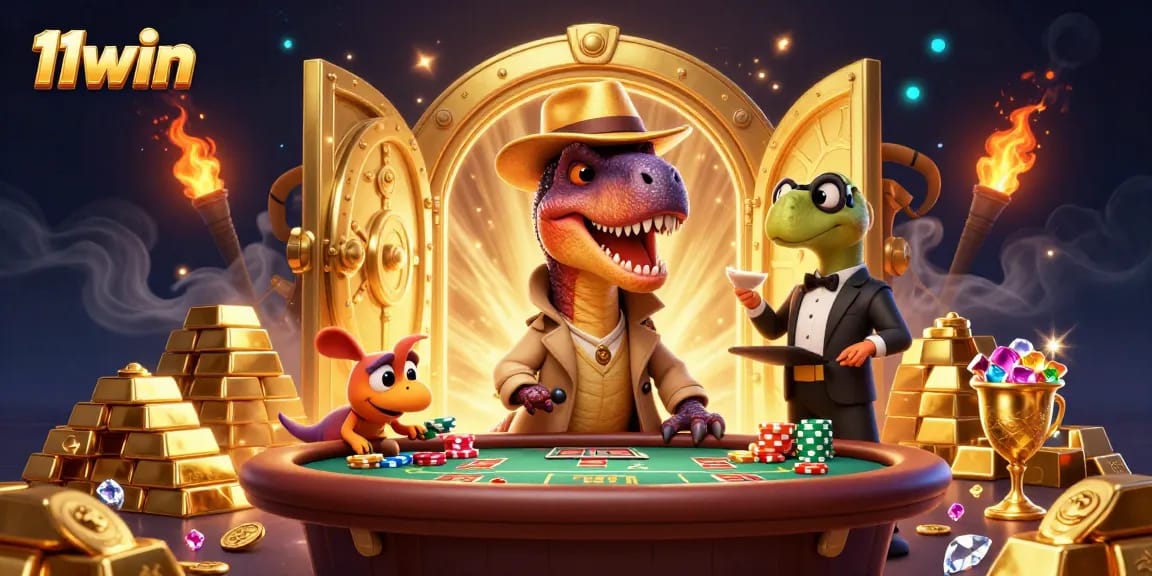 11win showcases a velociraptor card counter at a blackjack table with gold treasures.