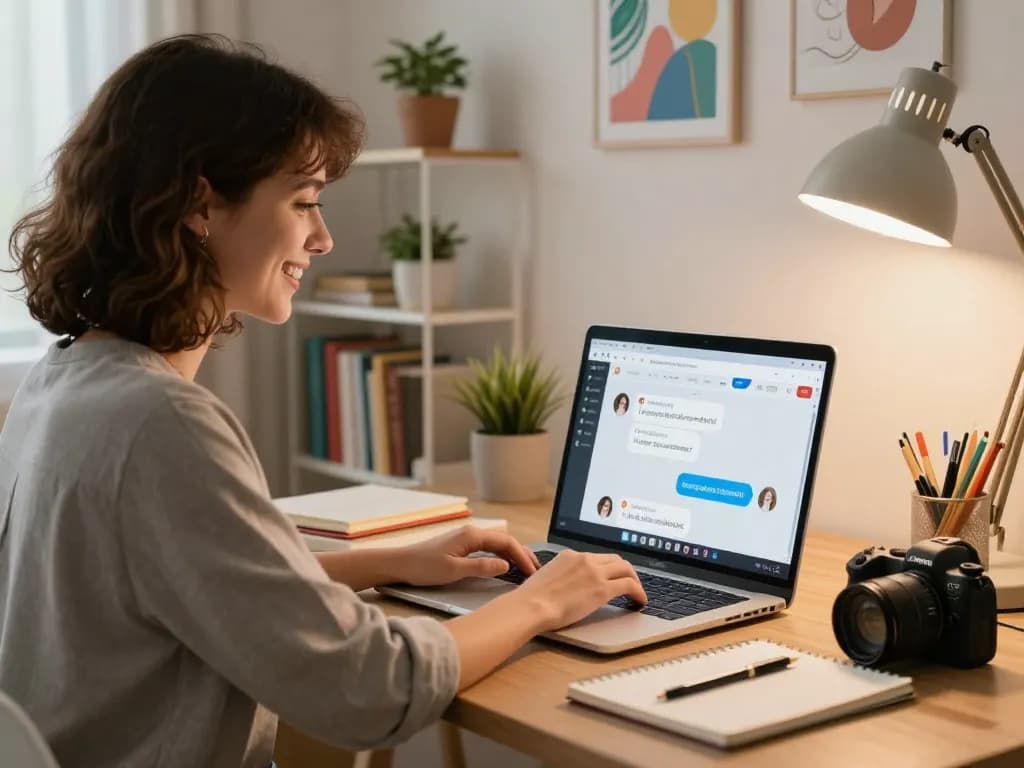 Person enjoying a chat with their ai gf in a cozy home office.