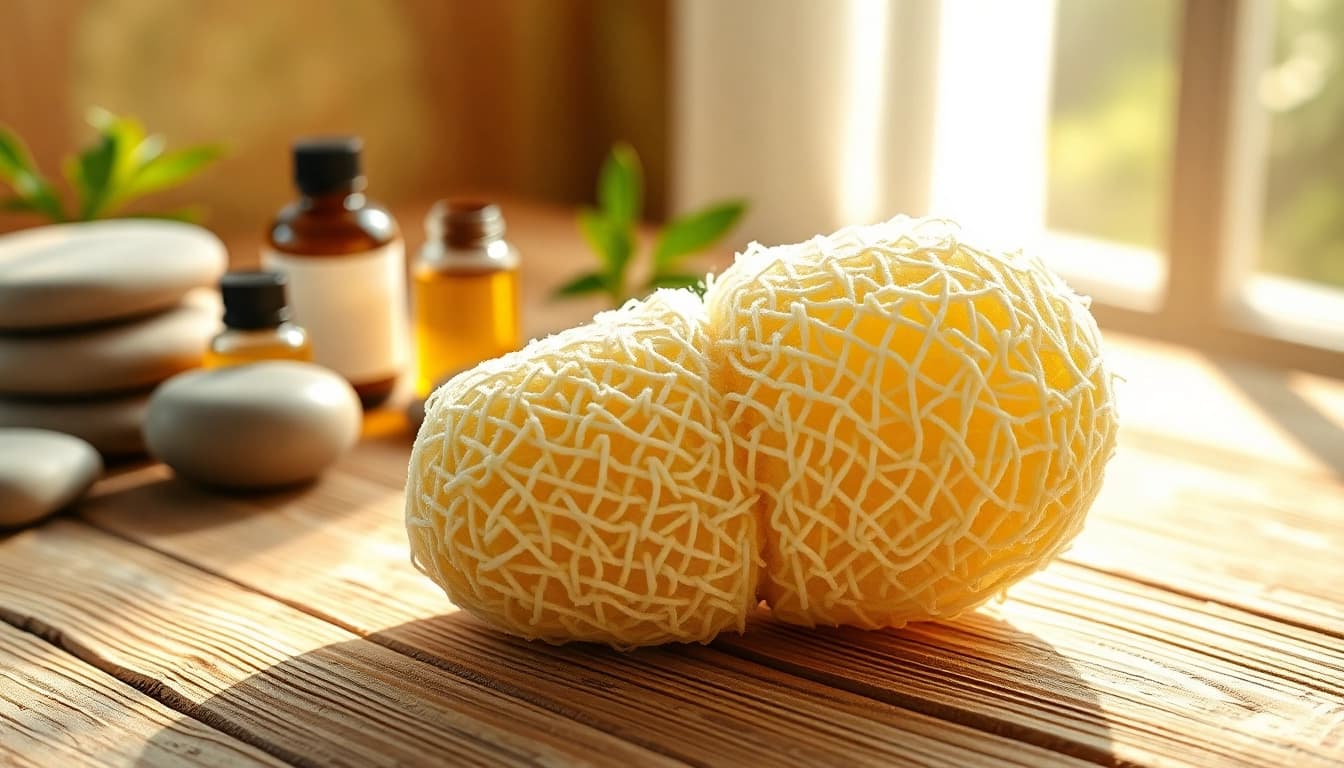 Examine the benefits of using a best back loofah for dry skin in a serene bath setting.