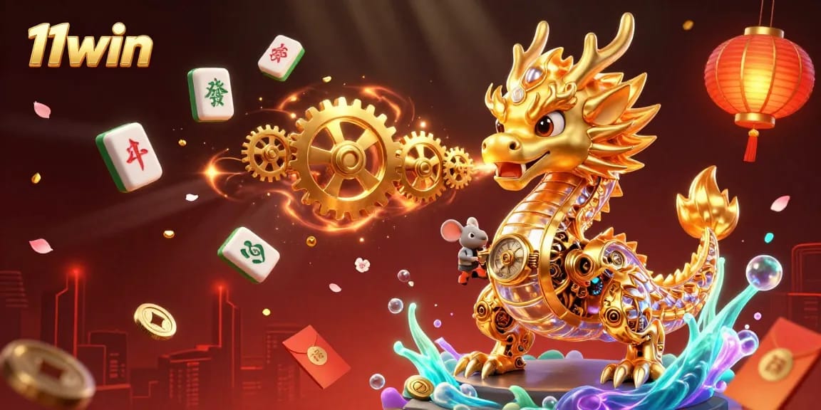 Spin the reels with 11win's vibrant 3D illustration of a golden dragon and gaming elements.