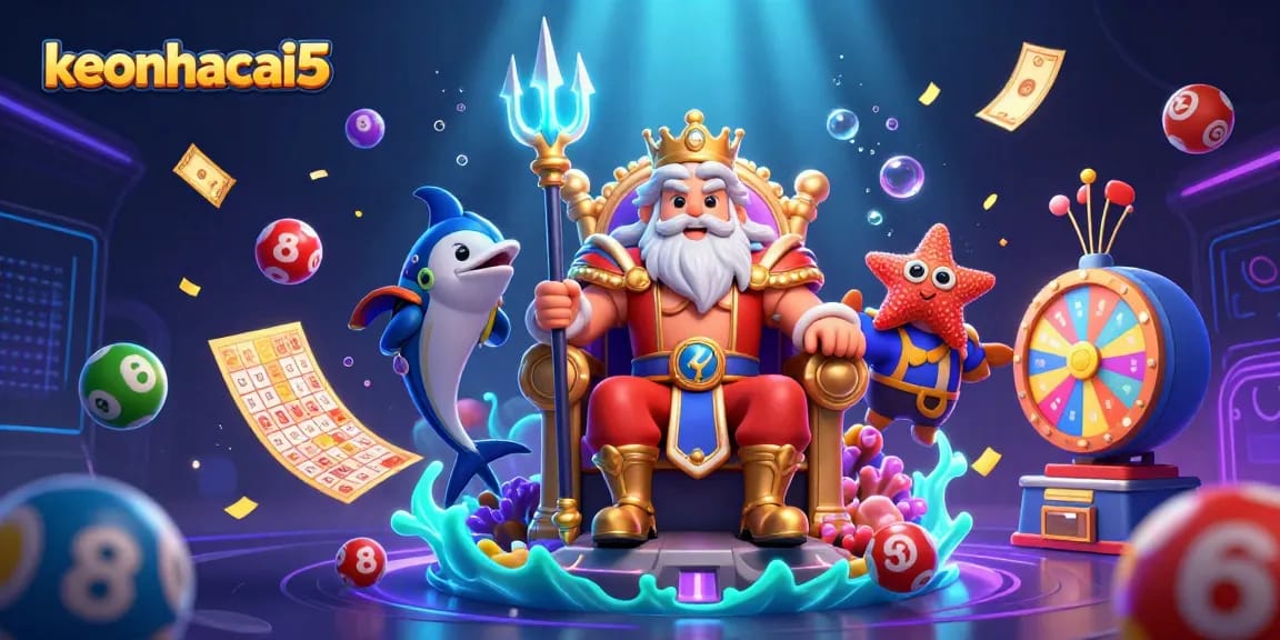 Experience keonhacai5 with a vibrant lottery scene featuring Neptune and dynamic game elements.