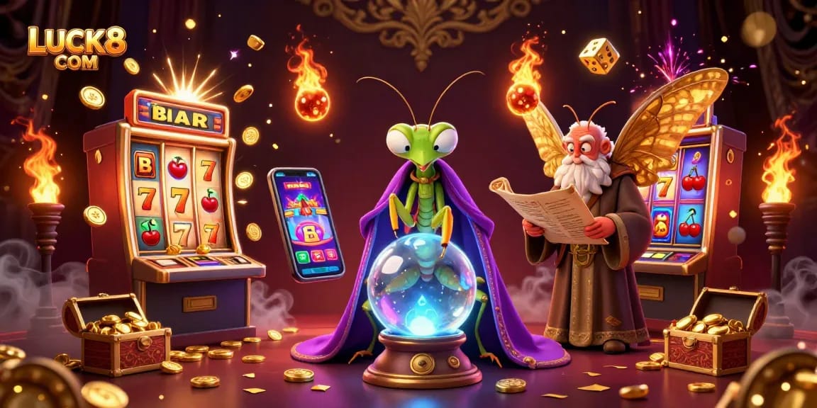 Spin the reels and win with LUCK8 COM's vibrant casino game illustration featuring dazzling characters and golden jackpot rewards.