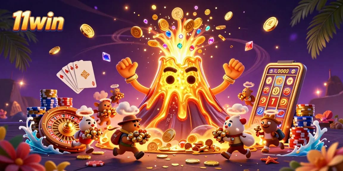 11win showcases vibrant casino excitement with a golden volcano erupting treasure coins.