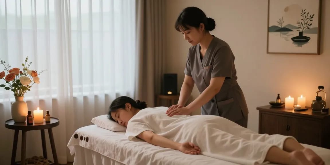 An experienced therapist conducting a soothing 안산출장안마 session in a tranquil spa environment, emphasizing relaxation and comfort.