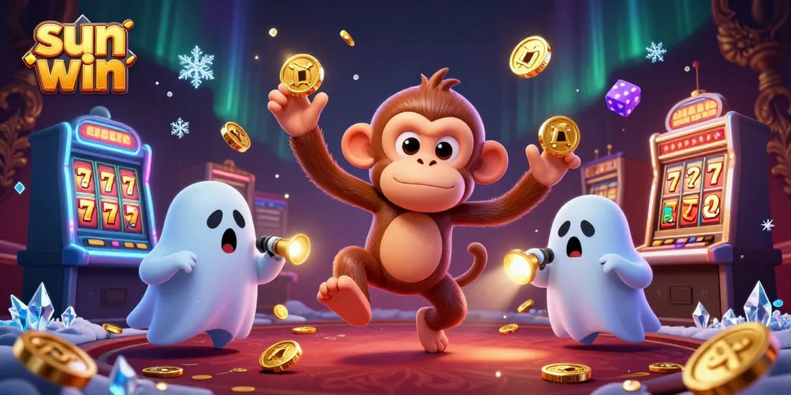 Engage with sun win's lively jackpot scene featuring playful characters in a haunted casino.