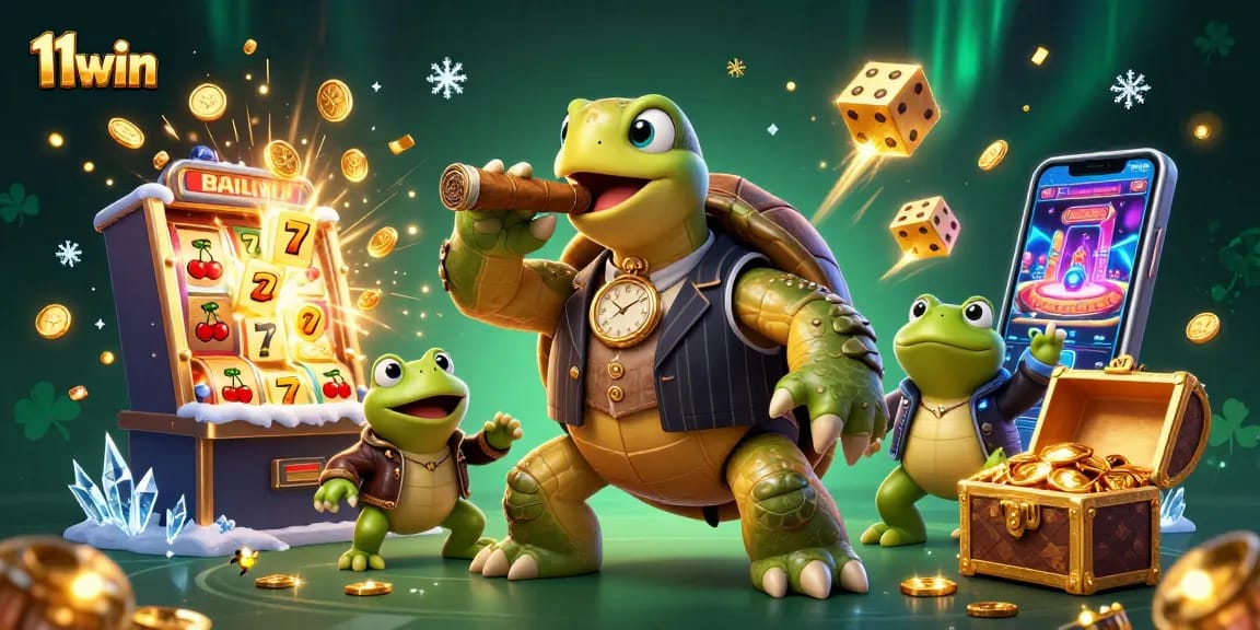 Spin the reels with 11win's vibrant casino scene featuring a snapping turtle and dynamic game elements.