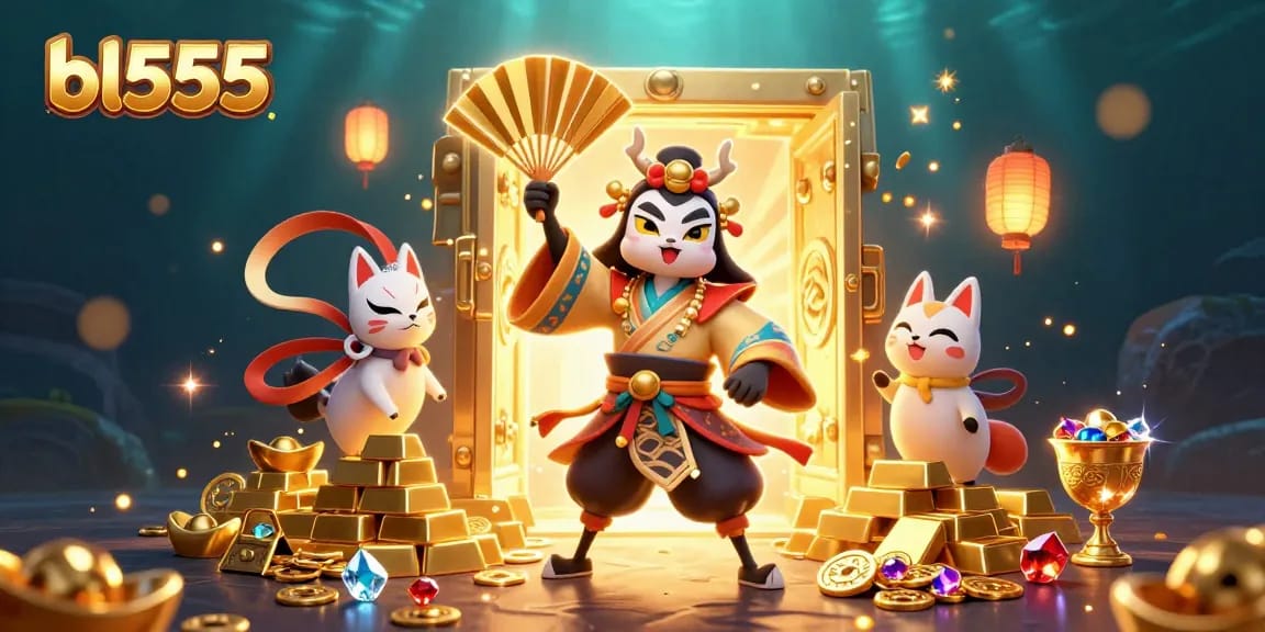 Experience the excitement of BL555 with a kabuki warrior, kitsune mask, and treasures in a vibrant casino scene.