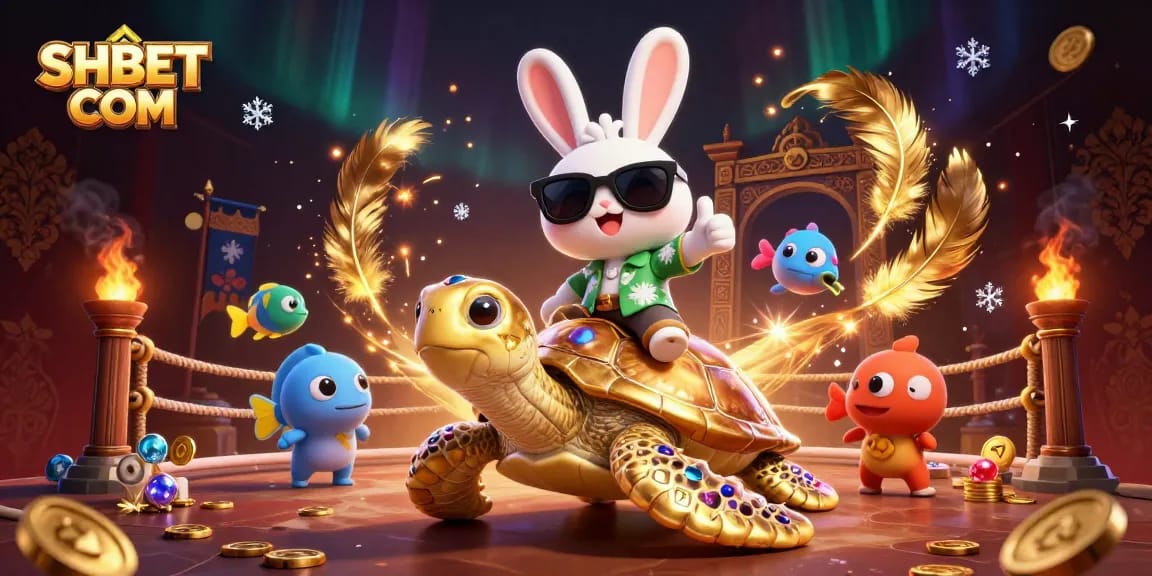 Join the exciting game action at SHBET COM with a vibrant 3D cartoon illustration of a lucky rabbit and a golden turtle.