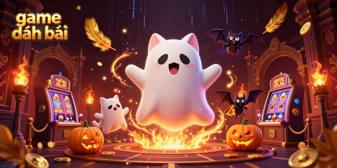 Engage in thrilling game đánh bài action with a ghost cat and a vampire bat in a haunted casino.