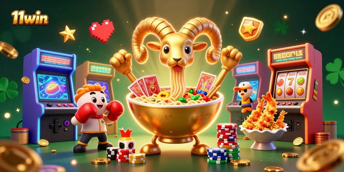 Engage in gaming fun with 11win's vibrant 3D cartoon casino scene filled with exciting characters and slot reels.