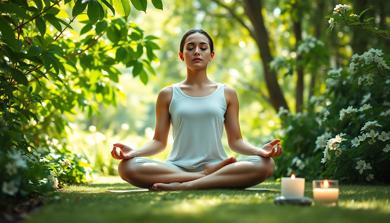 Promoting mental wellness through meditation in a tranquil garden setting.