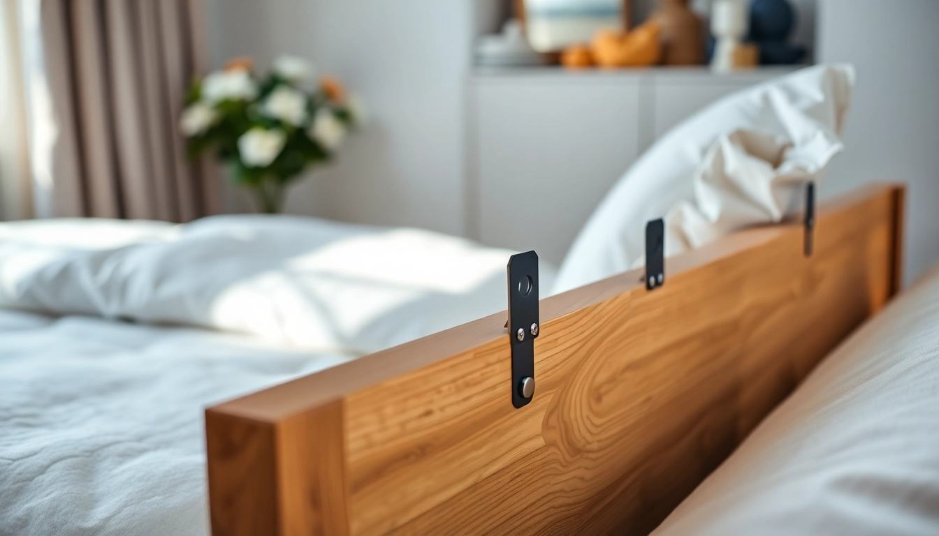 Install universal headboard brackets securely on a stylish bed frame in a serene bedroom setting.