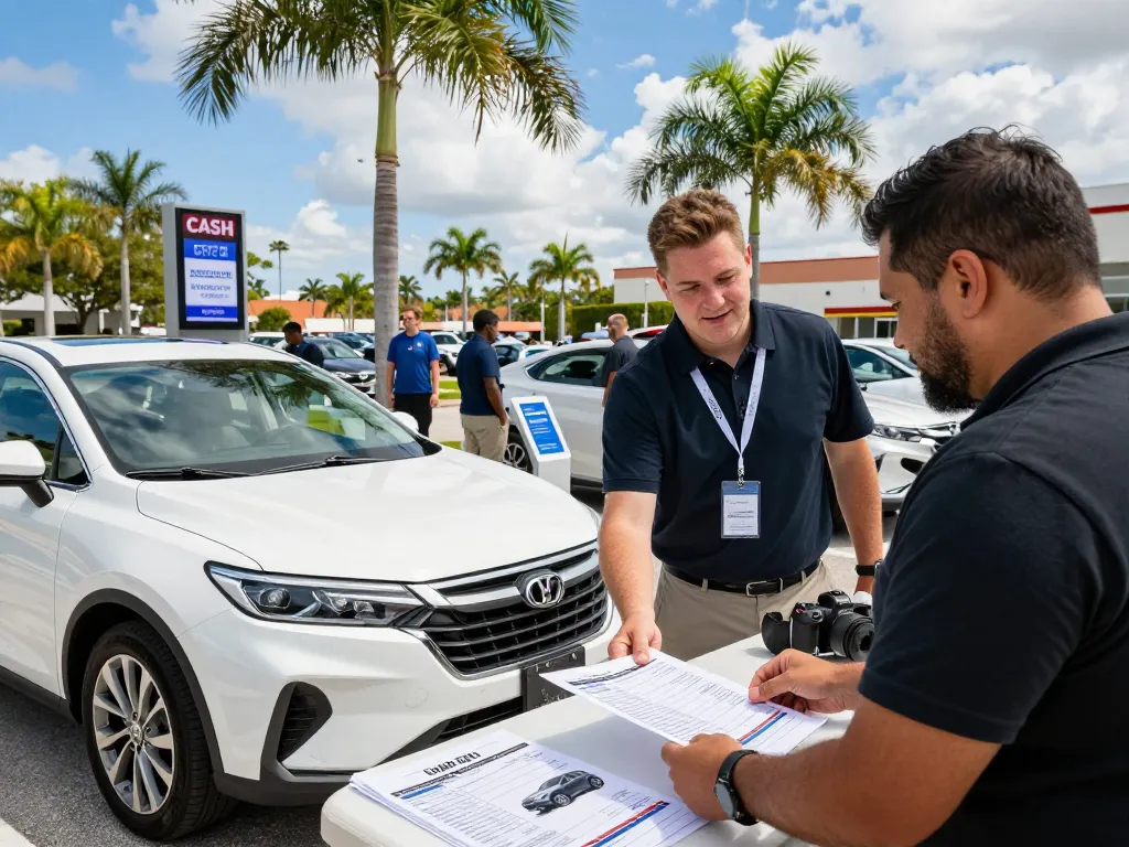 Cash for cars Naples scene at a dealership with customer and staff.