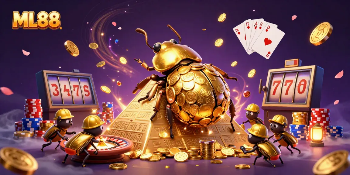 Experience the excitement of ML88 with golden beetles in a vibrant casino setting, showcasing games and rewards.