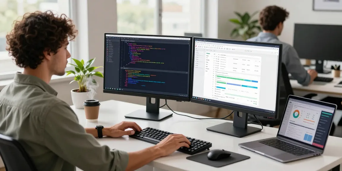 Developer using ServiceJan CRM in a modern office, showcasing productivity and tech integration.