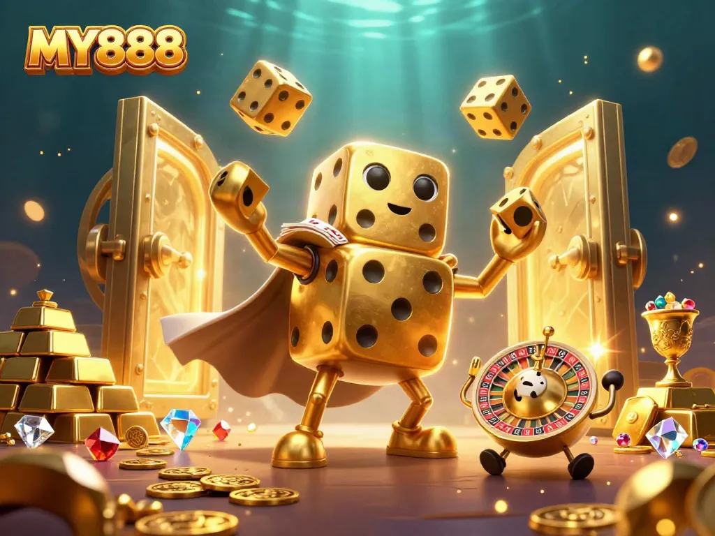 Experience MY888’s dynamic casino adventure with golden dice and treasures in an exciting 3D illustration.