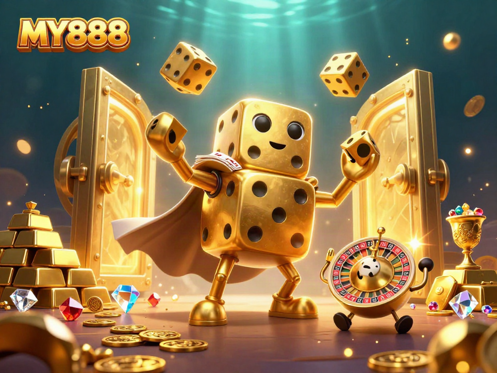 Experience MY888’s dynamic casino adventure with golden dice and treasures in an exciting 3D illustration.